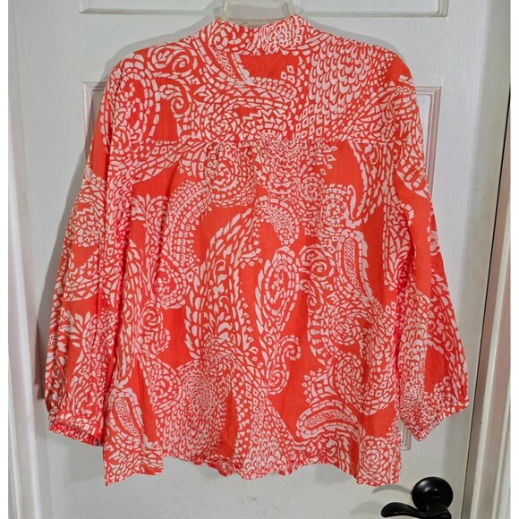 Chicos Womens Orange Paisley Button‎ Up Blouse Long Sleeve Split Neck Size 14 - Picture 5 of 11
